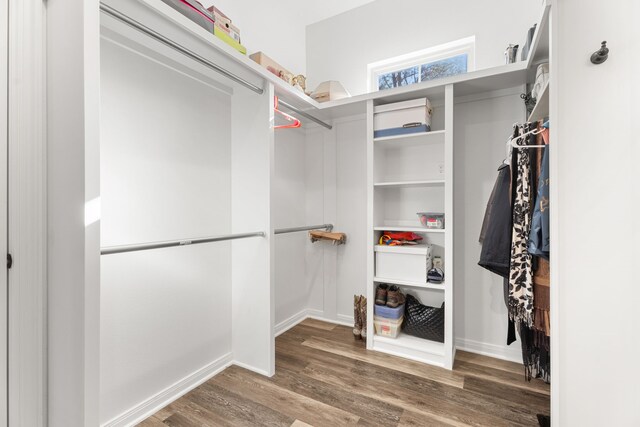 walk in closet with dark wood-type flooring