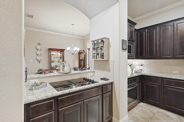 kitchen featuring stainless steel appliances, ornamental molding, backsplash, and light stone countertops