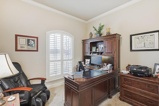 office area with light carpet, baseboards, and crown molding