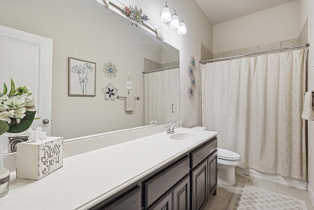 bathroom featuring toilet, tile patterned flooring, vanity, and shower / tub combo with curtain