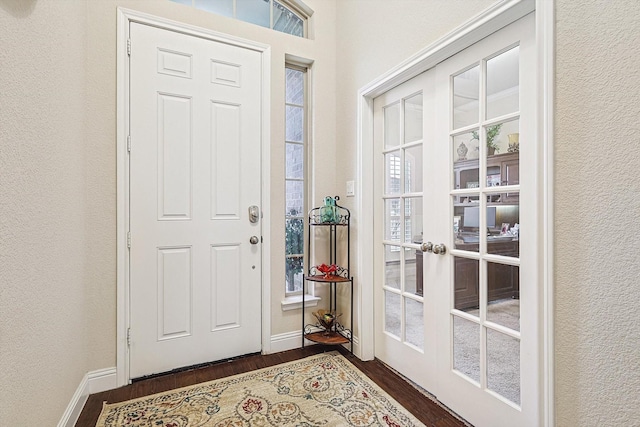 entrance foyer featuring dark wood-style floors, plenty of natural light, baseboards, and a textured wall