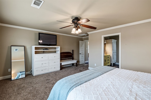 bedroom featuring connected bathroom, ceiling fan, crown molding, and dark colored carpet