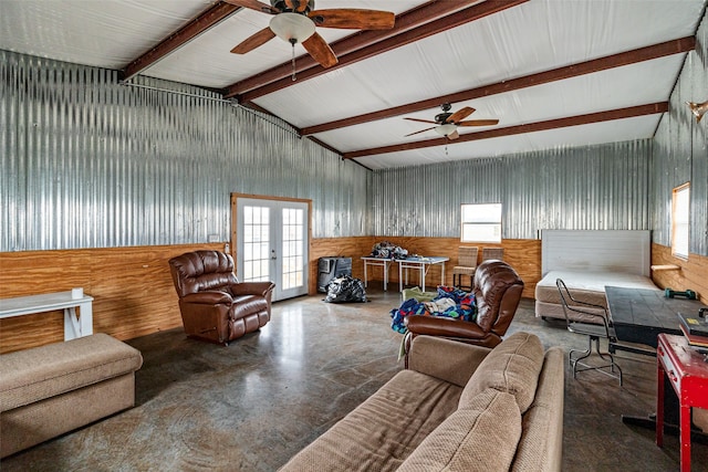 living room featuring french doors, concrete flooring, and ceiling fan