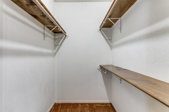 spacious closet featuring dark carpet