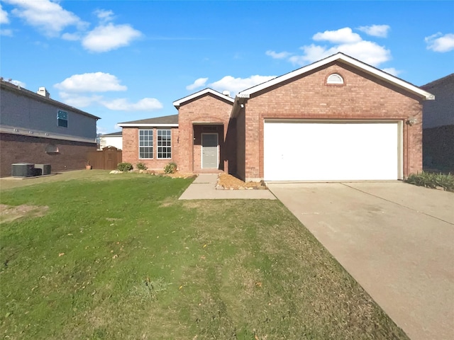 ranch-style home with an attached garage, central AC, brick siding, concrete driveway, and a front yard