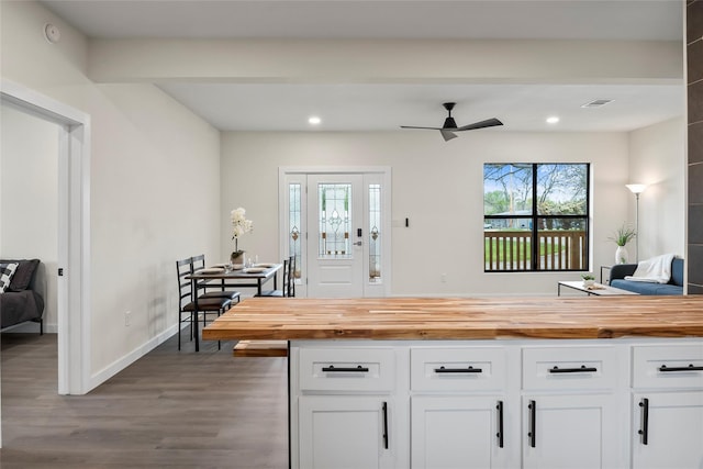 kitchen with white cabinets, dark hardwood / wood-style floors, and wood counters