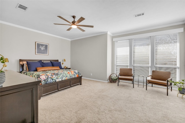 bedroom with light carpet, ornamental molding, and visible vents