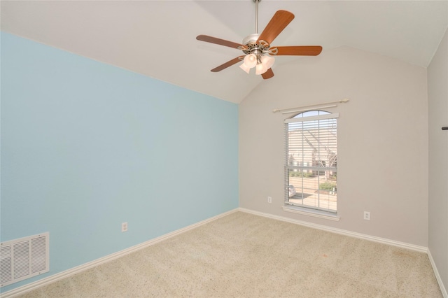 unfurnished room featuring ceiling fan, light colored carpet, and lofted ceiling