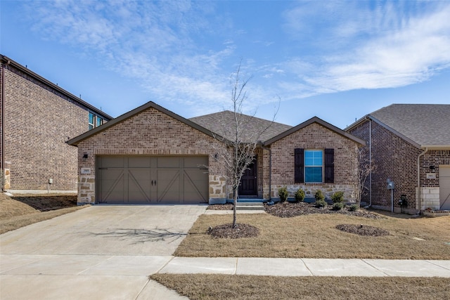 ranch-style home with a garage, stone siding, brick siding, and driveway