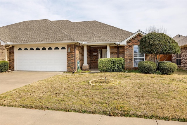 ranch-style house with driveway, brick siding, and roof with shingles