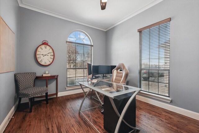 office with ceiling fan, baseboards, dark wood-style flooring, and ornamental molding