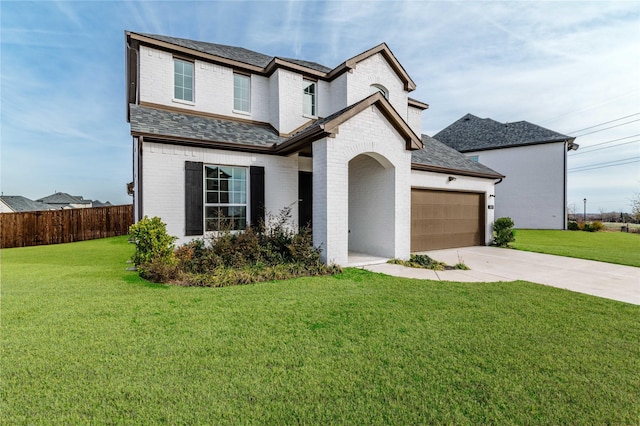 traditional-style house with fence, brick siding, a garage, a front yard, and concrete driveway