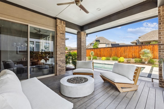 4112 Heatherton Dr, Celina, TX 75009 - wooden terrace with a ceiling fan, a fenced backyard, and a fire pit