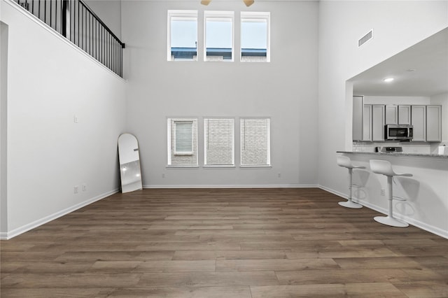 unfurnished living room with dark hardwood / wood-style floors and a towering ceiling