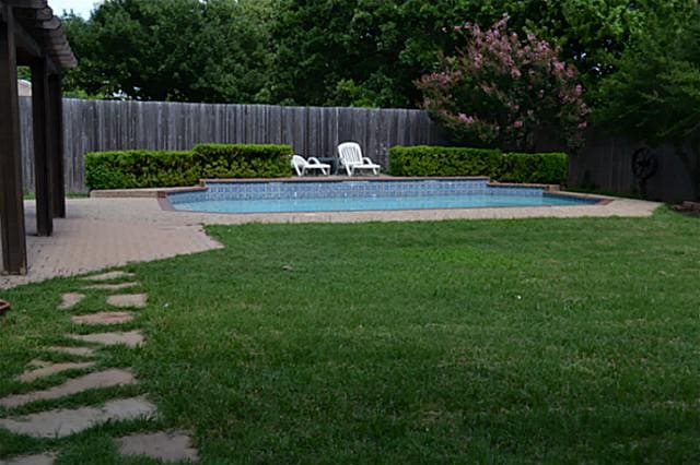 view of swimming pool featuring a patio and a yard