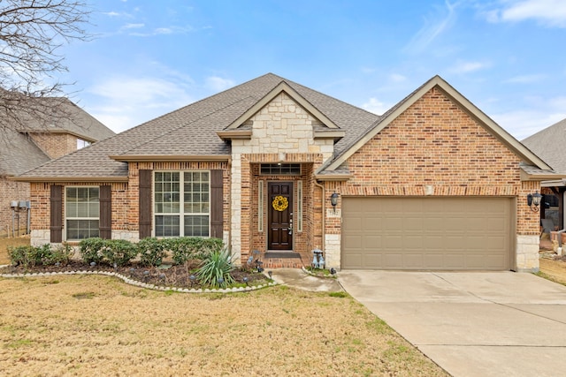 view of front of property featuring a garage, brick siding, a shingled roof, concrete driveway, and a front yard