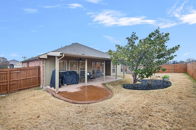 back of property with a yard and a patio area
