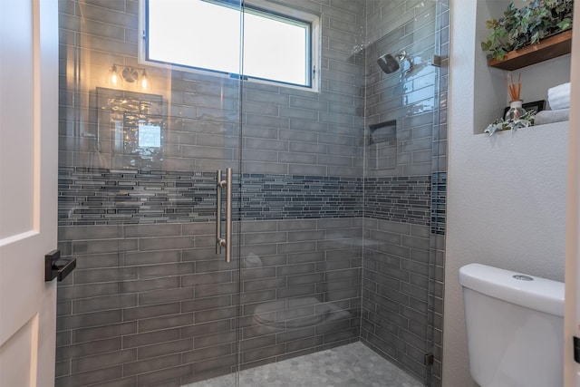 full bathroom with toilet and a shower stall