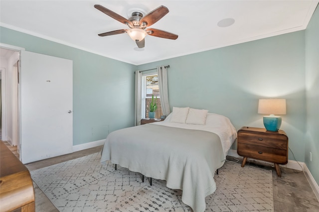 bedroom with ceiling fan, ornamental molding, and baseboards