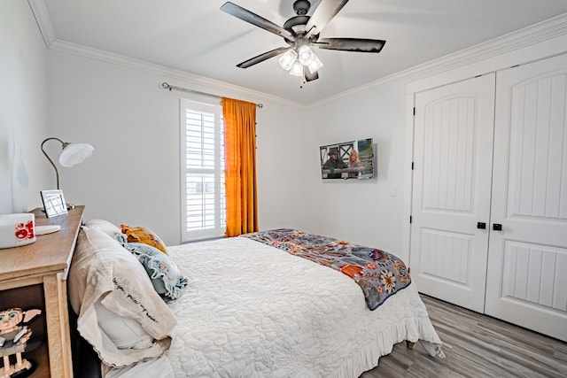 bedroom with ceiling fan, a closet, crown molding, and hardwood / wood-style flooring