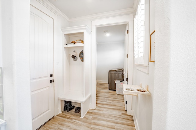 mudroom featuring light hardwood / wood-style floors and crown molding