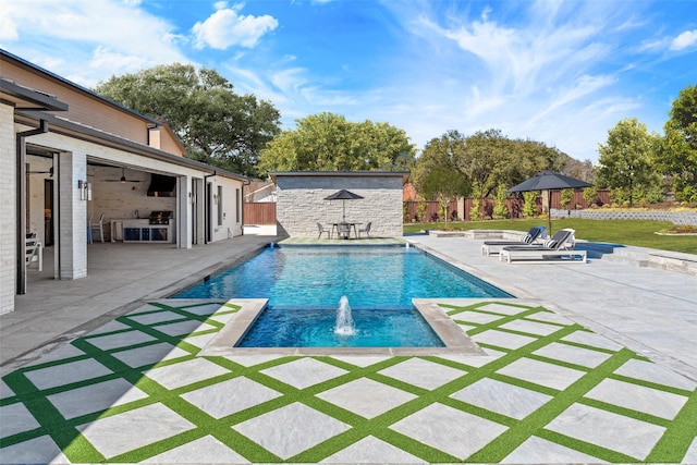 view of pool with fence, a fenced in pool, and a patio