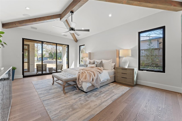 bedroom featuring lofted ceiling with beams, visible vents, baseboards, access to exterior, and light wood-type flooring