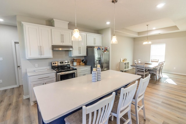 kitchen with white cabinetry, light hardwood / wood-style floors, a tray ceiling, appliances with stainless steel finishes, and pendant lighting