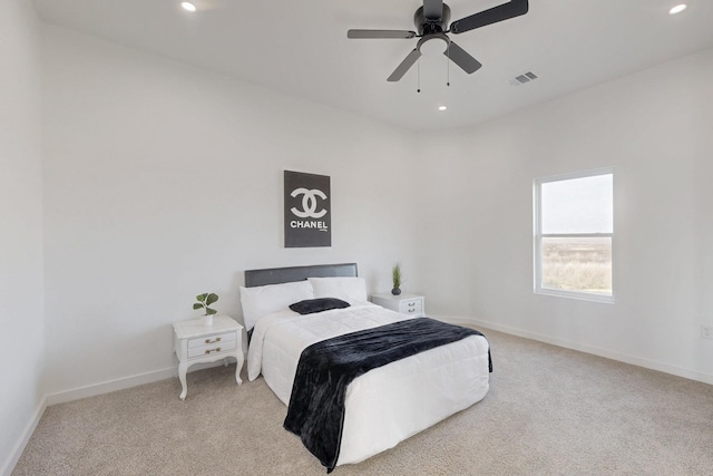 carpeted bedroom featuring baseboards, ceiling fan, recessed lighting, and visible vents