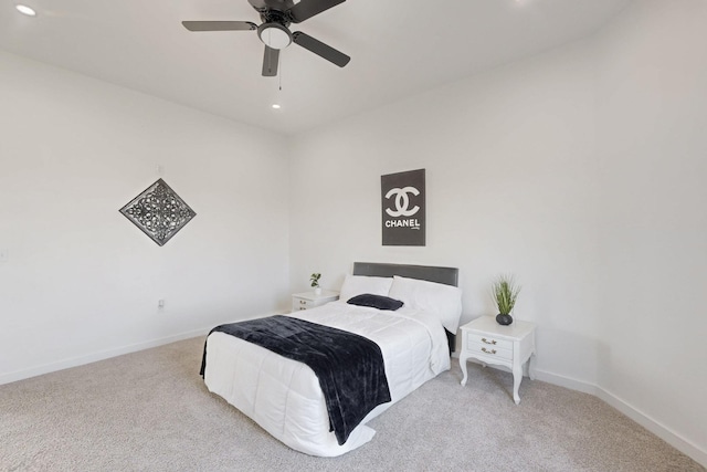 carpeted bedroom with recessed lighting, a ceiling fan, and baseboards