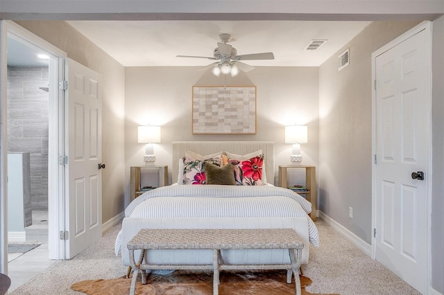 carpeted bedroom with ceiling fan