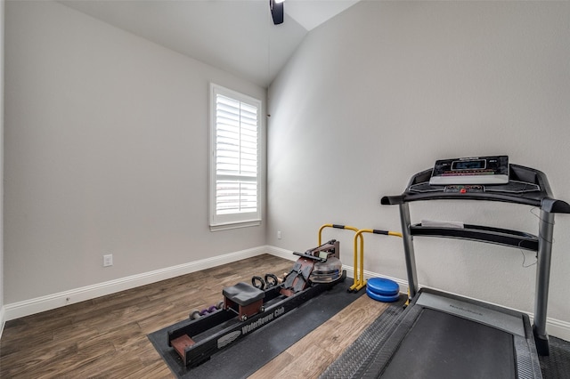 exercise area featuring ceiling fan, dark hardwood / wood-style floors, and lofted ceiling