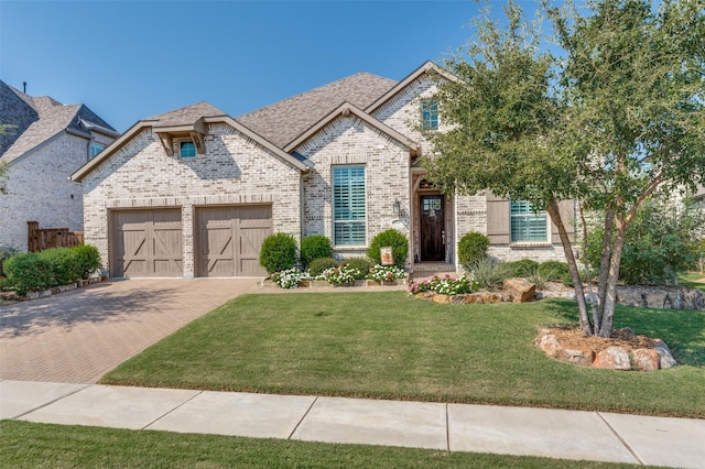 view of front of home featuring a front yard and a garage