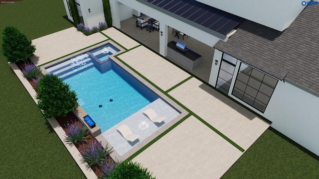 view of pool featuring an in ground hot tub, a patio, and a yard