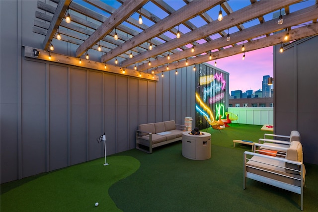 patio terrace at dusk featuring an outdoor living space and a pergola