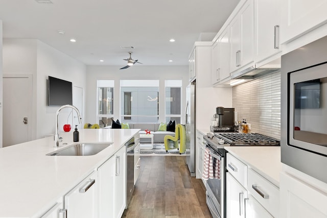 kitchen featuring wood-type flooring, sink, white cabinetry, stainless steel appliances, and tasteful backsplash