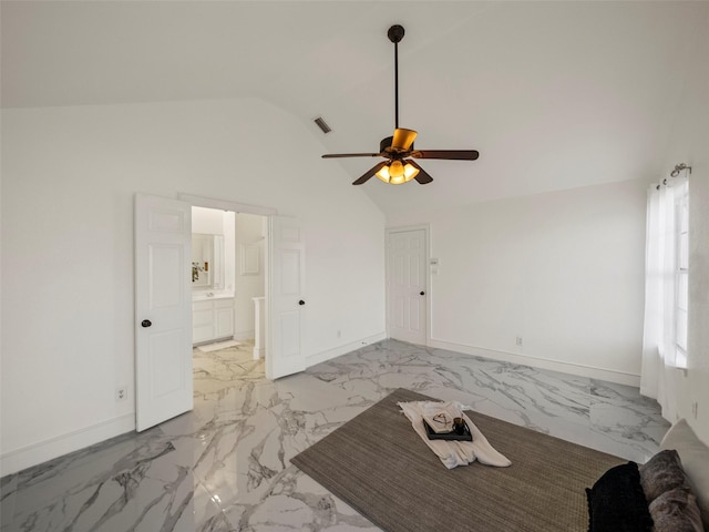 unfurnished living room featuring high vaulted ceiling and ceiling fan