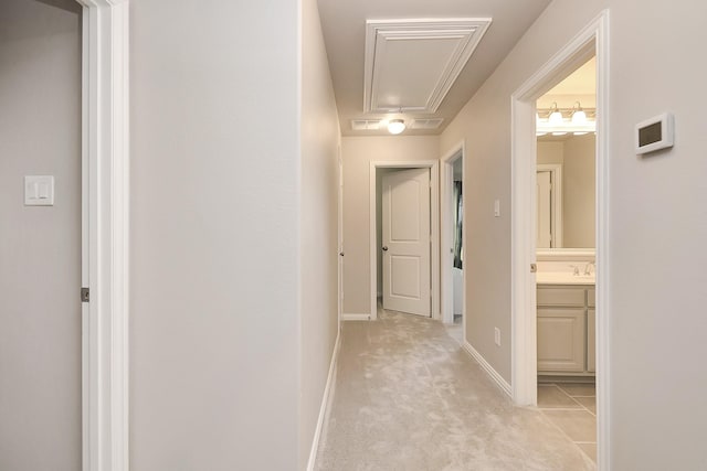 hall featuring sink and light colored carpet