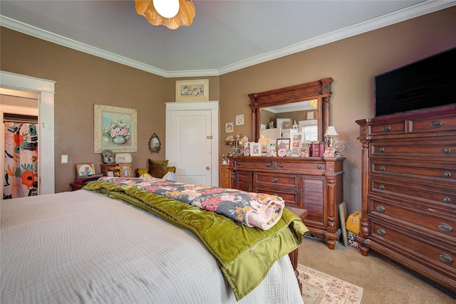 bedroom featuring ornamental molding and light carpet