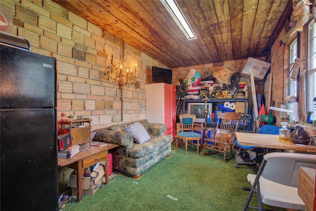 living room featuring carpet flooring, vaulted ceiling, and wooden ceiling