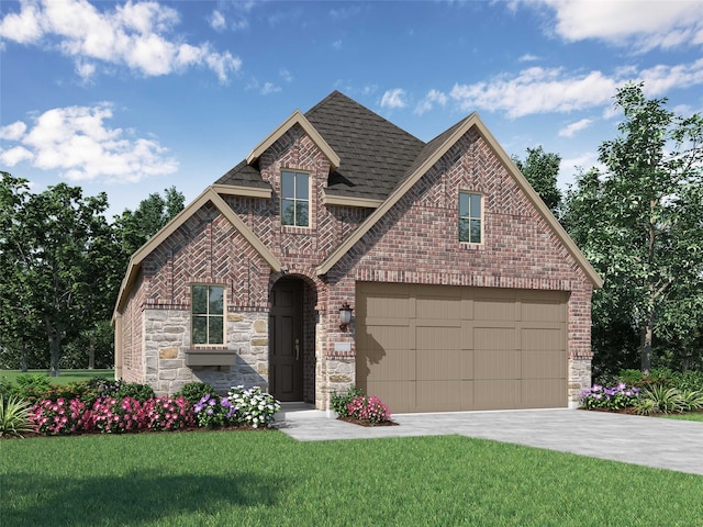 view of front of home with a front yard and a garage