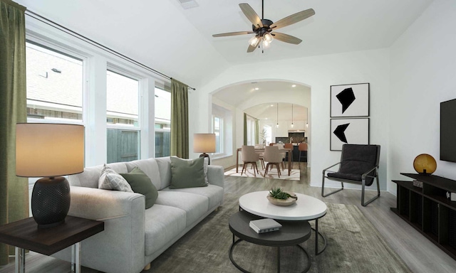 living room featuring ceiling fan, vaulted ceiling, and hardwood / wood-style floors