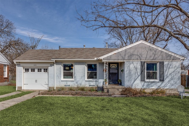 single story home featuring a garage and a front lawn