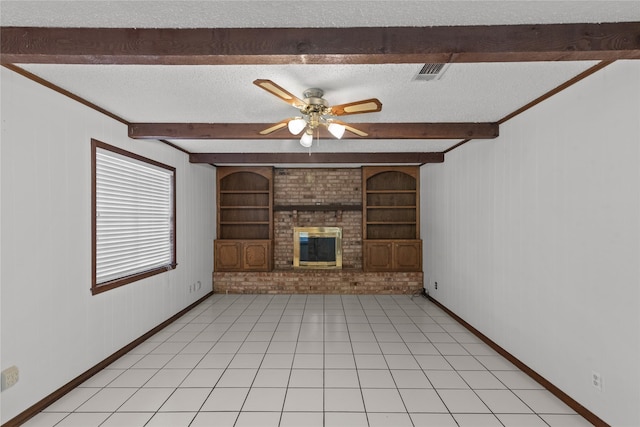 5570 Bretwood Dr, Keithville, LA 71047 - unfurnished living room with a brick fireplace, a textured ceiling, and beam ceiling