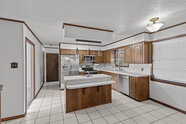 5570 Bretwood Dr, Keithville, LA 71047 - kitchen featuring a kitchen island with sink, light tile patterned floors, appliances with stainless steel finishes, crown molding, and pendant lighting