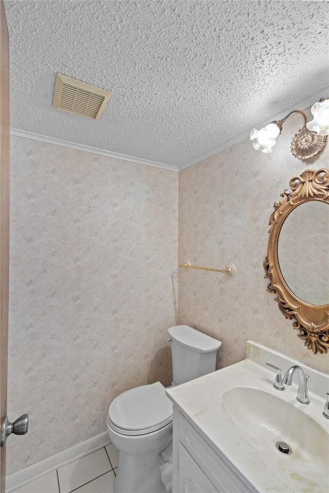 5570 Bretwood Dr, Keithville, LA 71047 - bathroom featuring tile patterned flooring, toilet, a textured ceiling, vanity, and crown molding