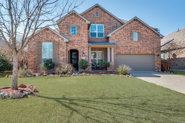 traditional-style house with a shingled roof, brick siding, a garage, concrete driveway, and a front yard