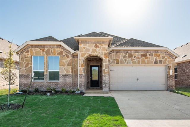 view of front of property featuring a front yard, an attached garage, stone siding, brick siding, and driveway