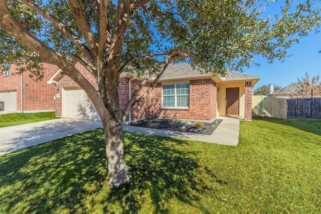 ranch-style house featuring an attached garage, brick siding, fence, concrete driveway, and a front lawn