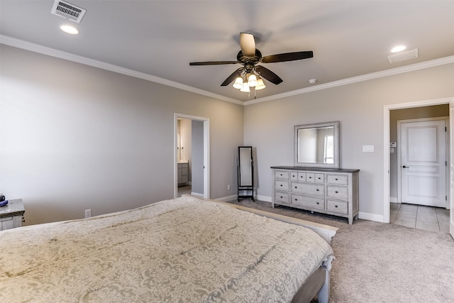 carpeted bedroom featuring crown molding, connected bathroom, and ceiling fan